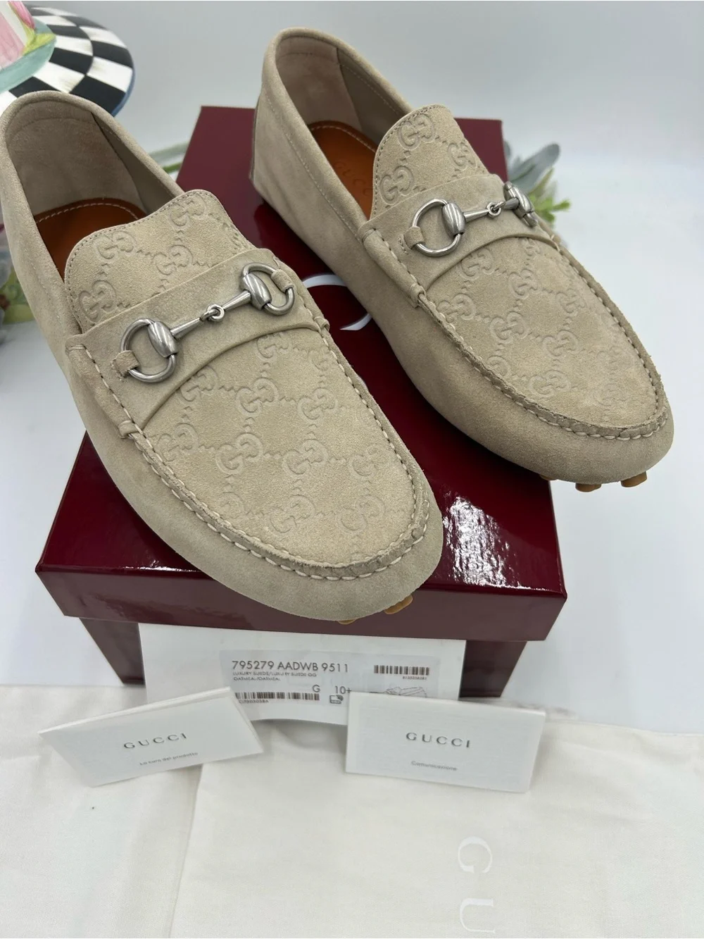 Men's Gucci suede oatmeal horse bit driver loafers size 10.5 fits 11.5 US